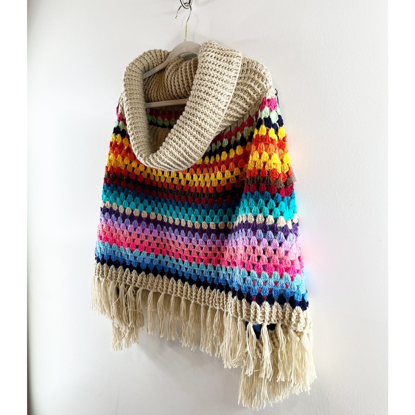 Saachi Earth to Sky Crochet Knit Poncho Rainbow Tassel Fringe Tan One Size