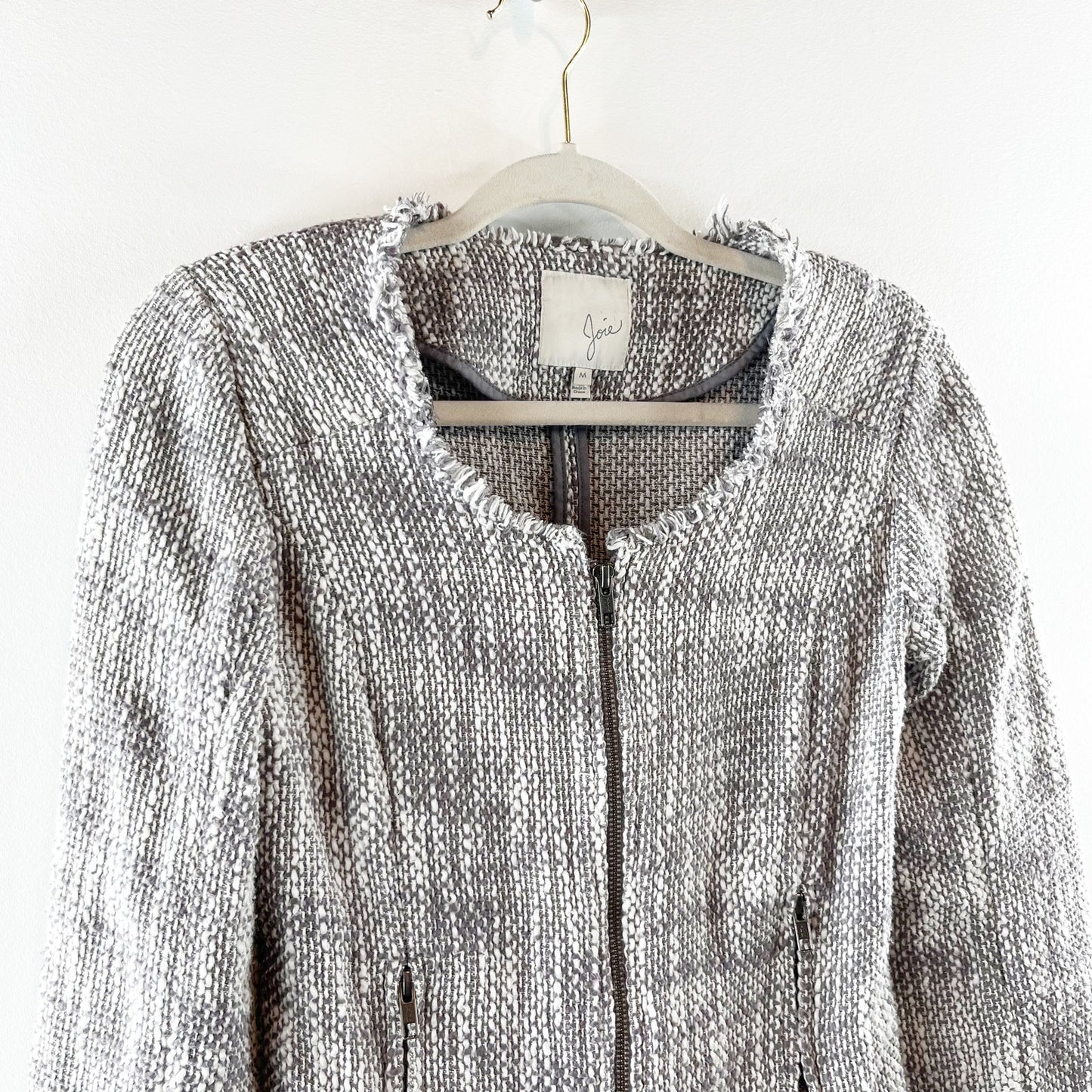 Joie Collins Long Sleeve Raw Cut Full Zip Tweed Blazer Jacket Gray/White Medium