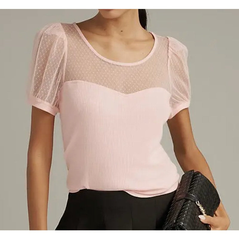 Maeve Anthropologie Sheer Yoke Sweetheart Short Sleeve Blouse Top Pink XS