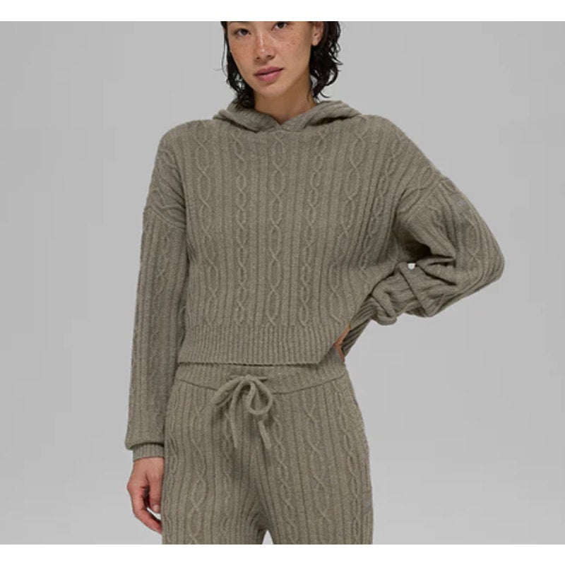 Alo Cable Knit Winter Bliss Hoodie Pullover Sweater Light Cocoa Tan Beige XS