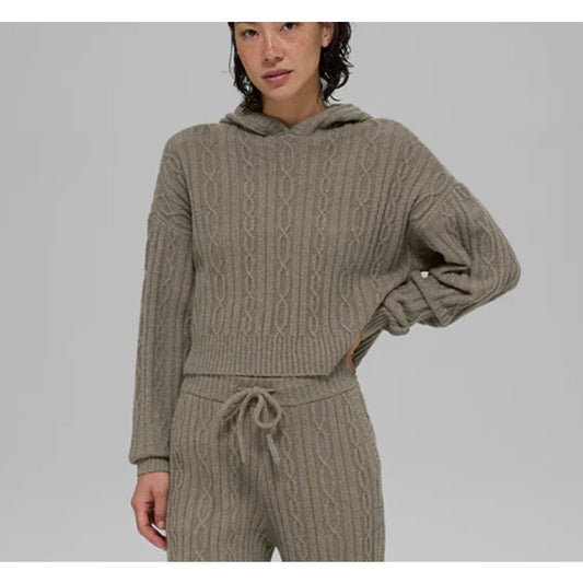 Alo Cable Knit Winter Bliss Hoodie Pullover Sweater Light Cocoa Tan Beige XS