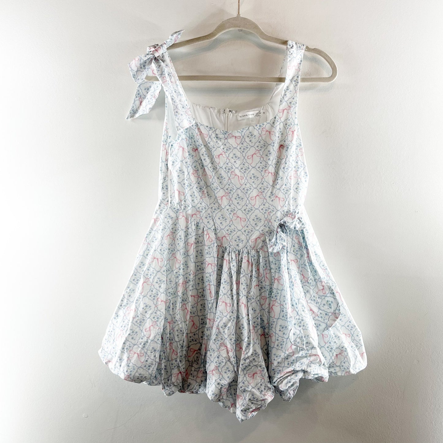 Altar'd State Bubble Hem Bow Print Mini Dress Blue Pink Small
