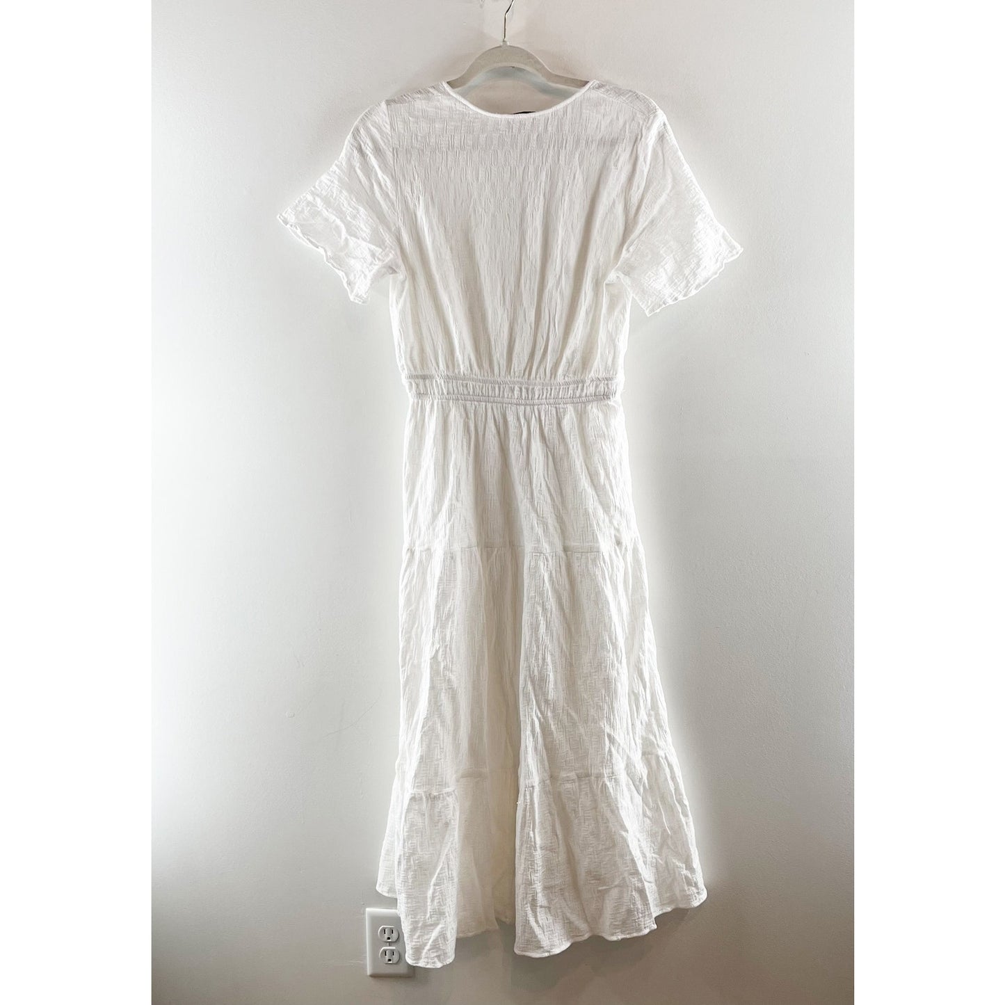 ZARA Short Sleeve Button Front Smocked Waist Midi Sundress White Small