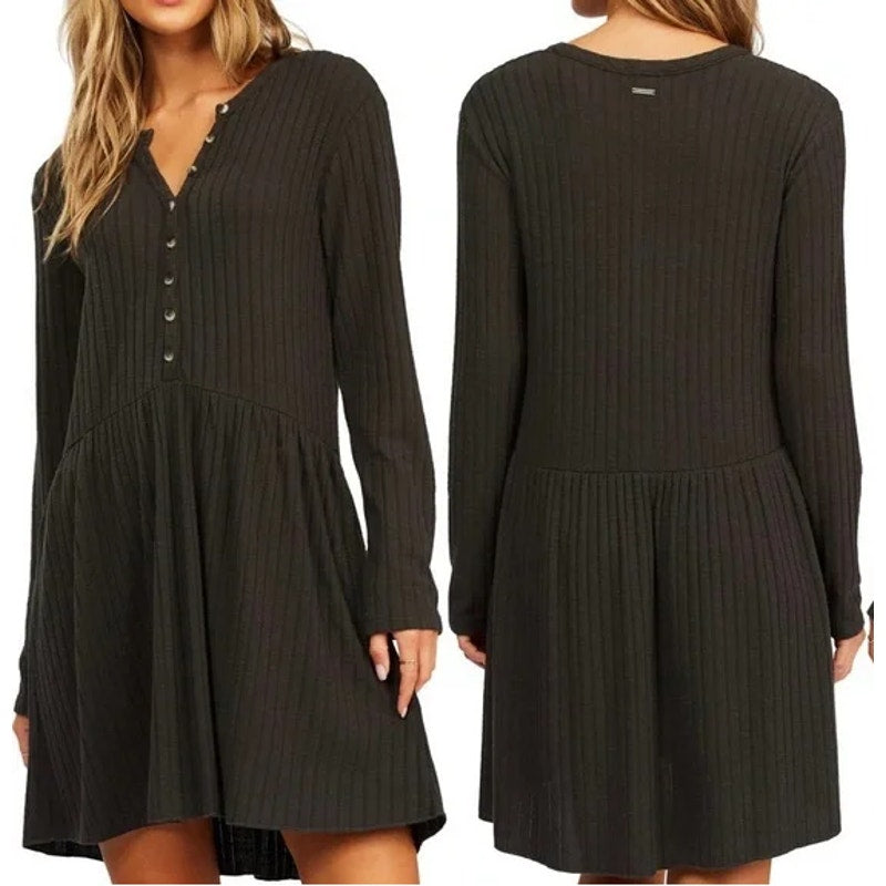 Billabong Always Lounging Long Sleeve Henley Neck Rib Mini Dress Black Medium