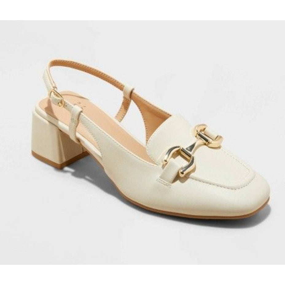A New Day Justina Square Toe Horsebit Slingback Block Heel Loafer Shoes Cream 9