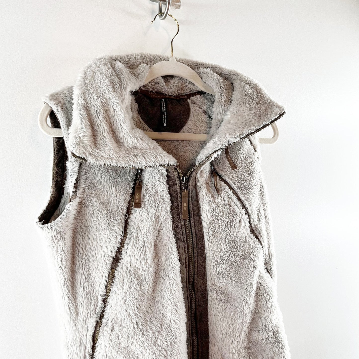 Kuhl Fleece Flight Full Zip Hooded Vest Cream Brown Small