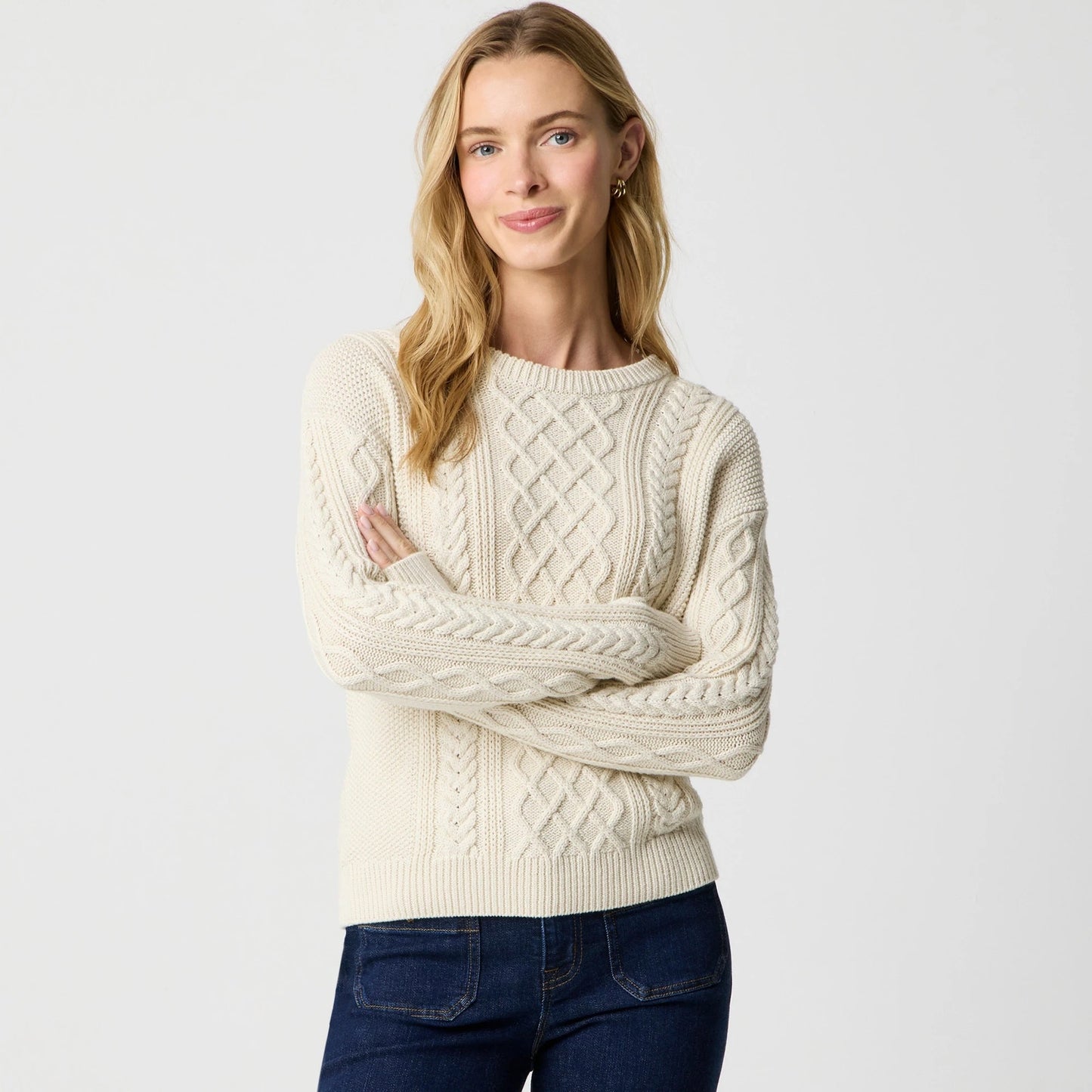 J. Crew Crewneck Cable Knit Long Sleeve Cotton Sweater Cream XS
