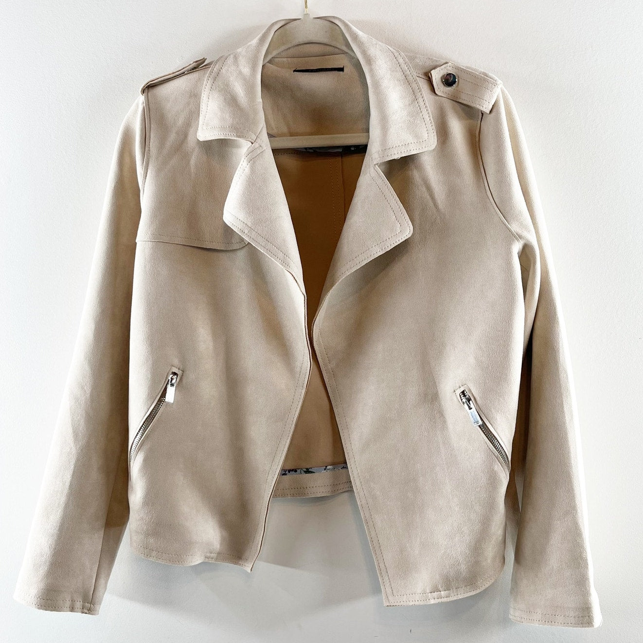 Tahari Long Sleeve Open Faux Suede Moto Jacket Tan Beige Medium