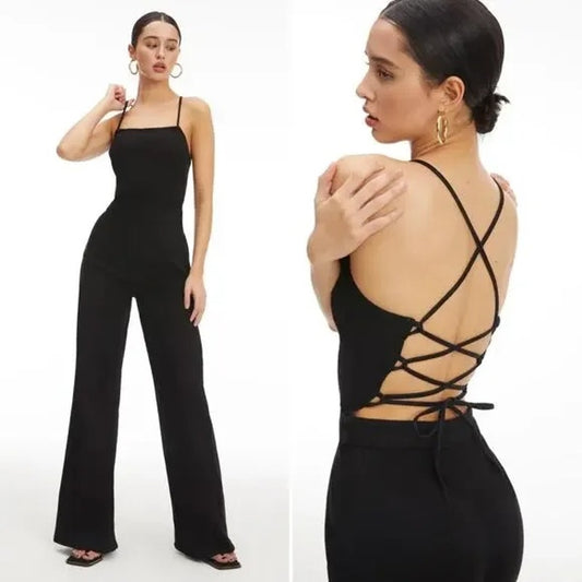 Good American Vacay Palazzo Strappy Back Wide Leg Denim Jumpsuit Black Large