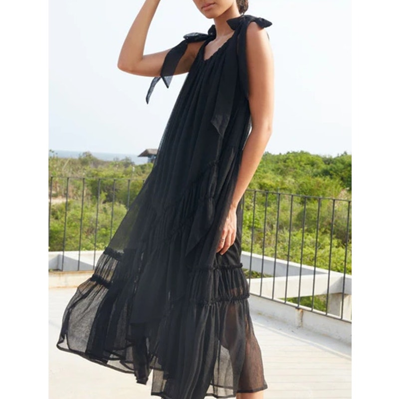 Lovestitch Smoke And Mirrors Sheer Tiered Asymmetric Maxi Dress Black Small