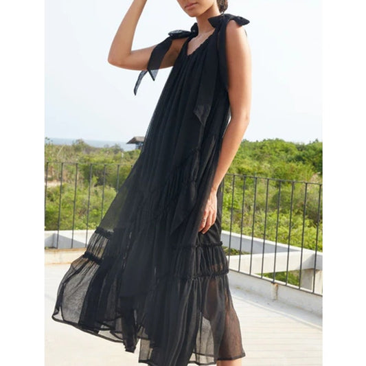 Lovestitch Smoke And Mirrors Sheer Tiered Asymmetric Maxi Dress Black Small
