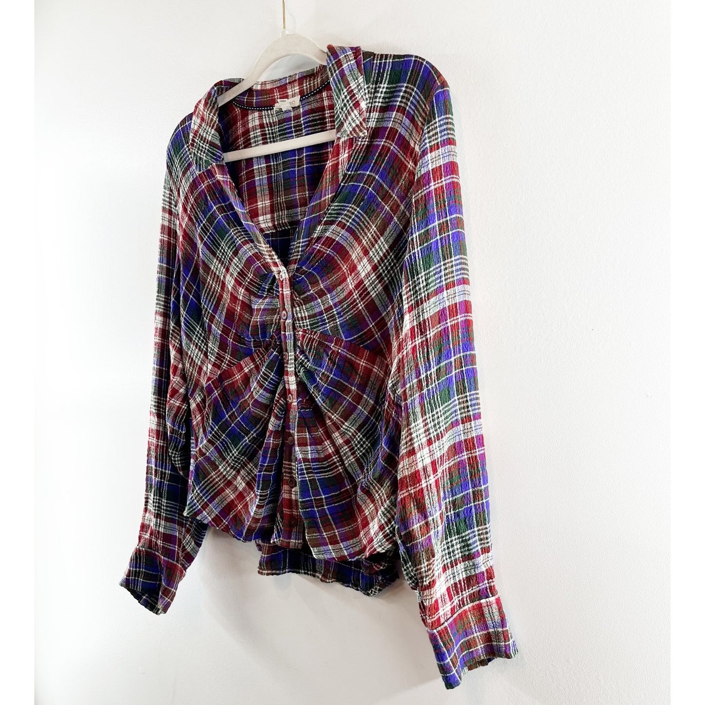 Anthropologie Pilcro Ruched Deep V Plaid Buttondown Shirt Blue Red Large