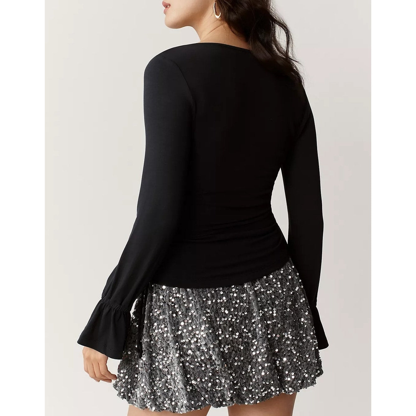Maeve Anthropologie Long Sleeve Ruffle Scoop Neck Ruched Top Black Small