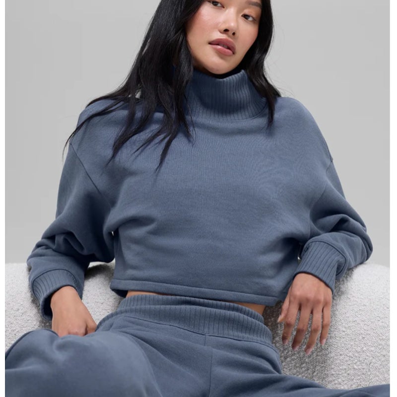 Alo Yoga Ribbed Mock Neck Cropped Serenity Coverup Sweatshirt Bluestone Blue XS