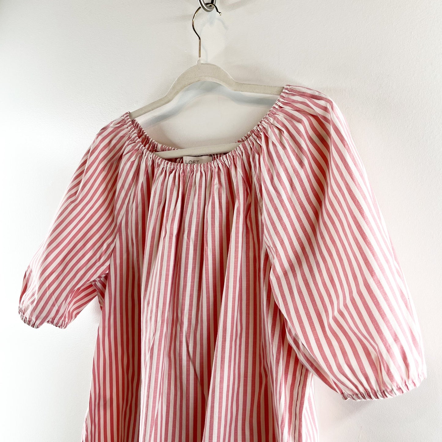 LOFT Off The Shoulder Puff Short Sleeve Blouse Top Striped Pink White Large