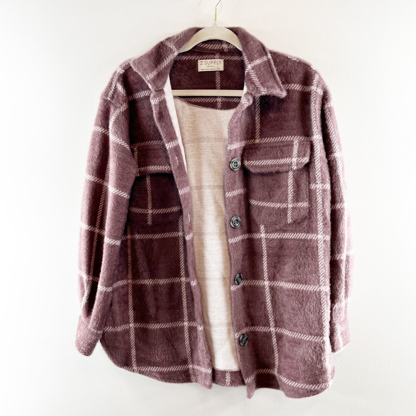 Z Supply Windowpane Plaid Long Sleeve Button-Front Flannel Anna Jacket Maroon XS