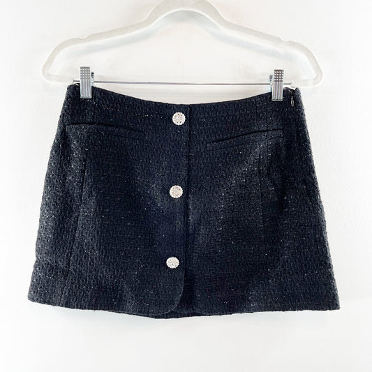 ZARA Tweed Rhinestone Button Up Mini Skirt Black Medium