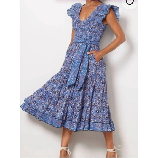 Cleobella Autumn Belted Ruffle Sleeve Midi Dress Paisley Print Blue Medium