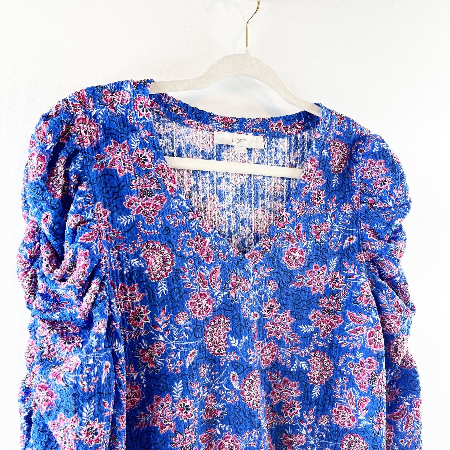 LOFT Garden Shirred Puff Long Sleeve Top Blouse in Cerulean Star Blue Medium