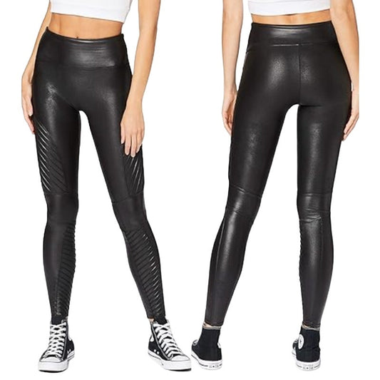 SPANX Shiny Faux Leather Slim Fit Pull On Mid Rise Moto Leggings Black Small