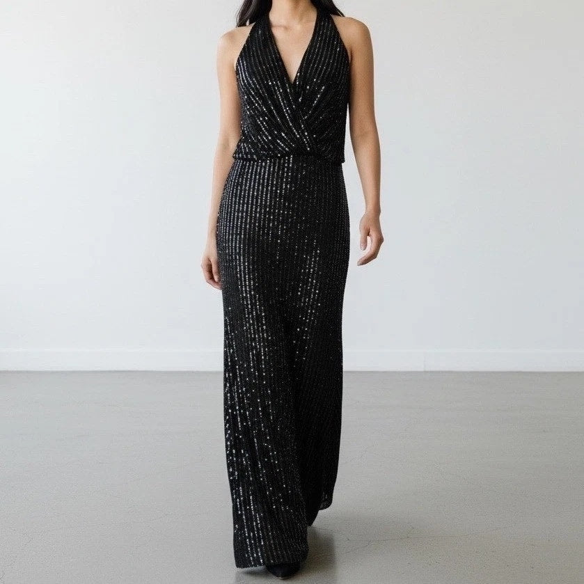 Calvin Klein Sleeveless V Neck Blousson Top Sequin Sparkle Maxi Dress Gown Black