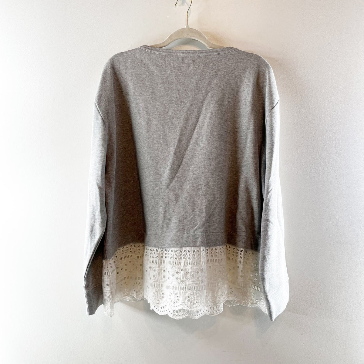 J. Crew Long Sleeve Crew Neck Eyelet-Hem Sweatshirt Gray White XXL
