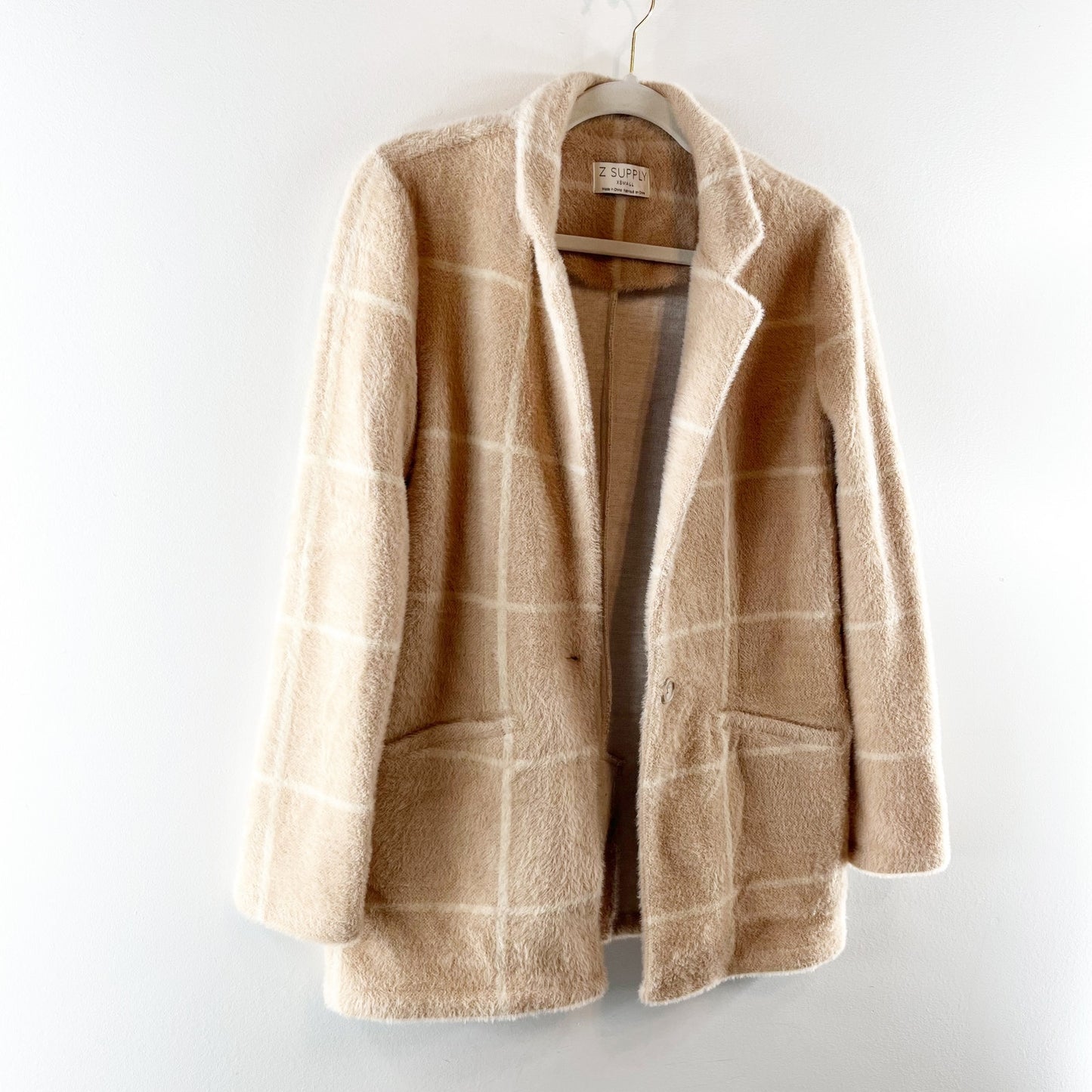 Z Supply Plaid Windowpane Anna Eyelash Blazer Jacket Camel Tan XS