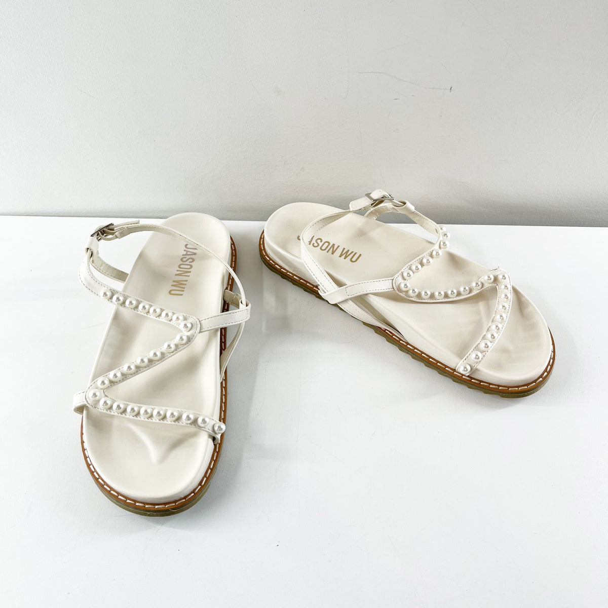 Jason Wu Pearl-Embellished Leather Strappy Flat Slingback Sandals White 8