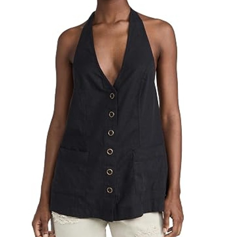 Free People Scout Linen Blend Sleeveless Halter Neck Tunic Tank Top Medium