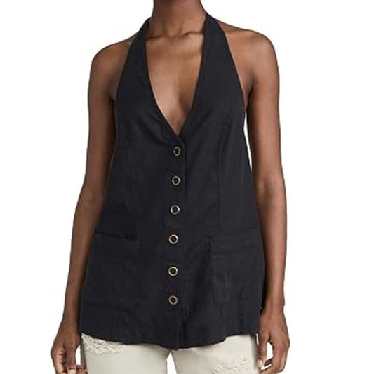 Free People Scout Linen Blend Sleeveless Halter Neck Tunic Tank Top Medium