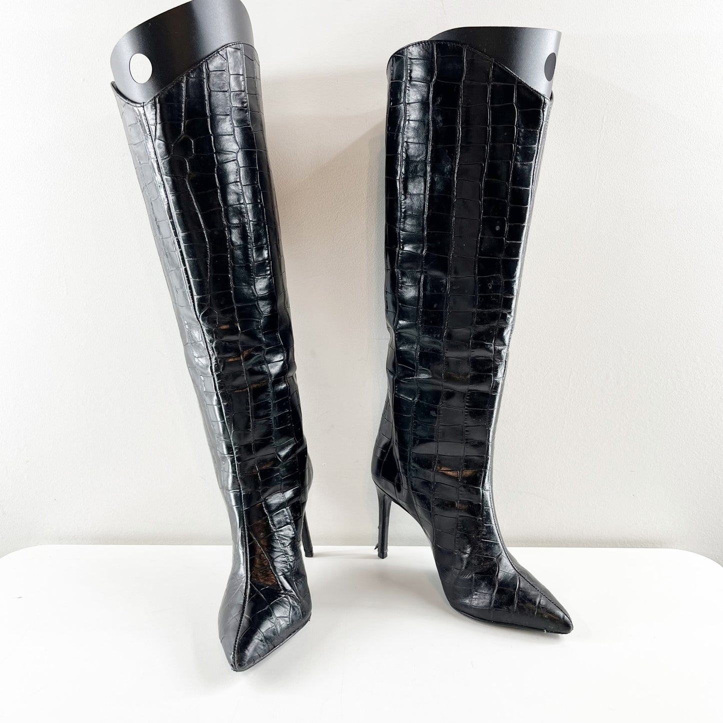 Shutz Maryana Knee High Croc Embossed Stiletto Heel Boots Black 6