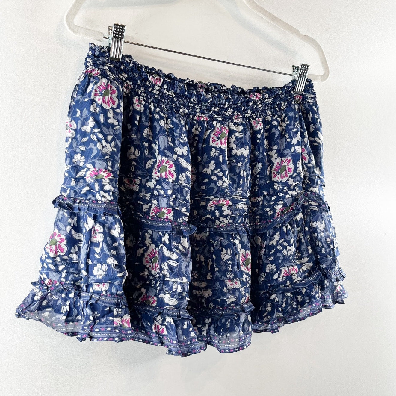 Vineyard Vines Pull On Floral Ruffle Tiered Mini Skirt Navy Blue Large