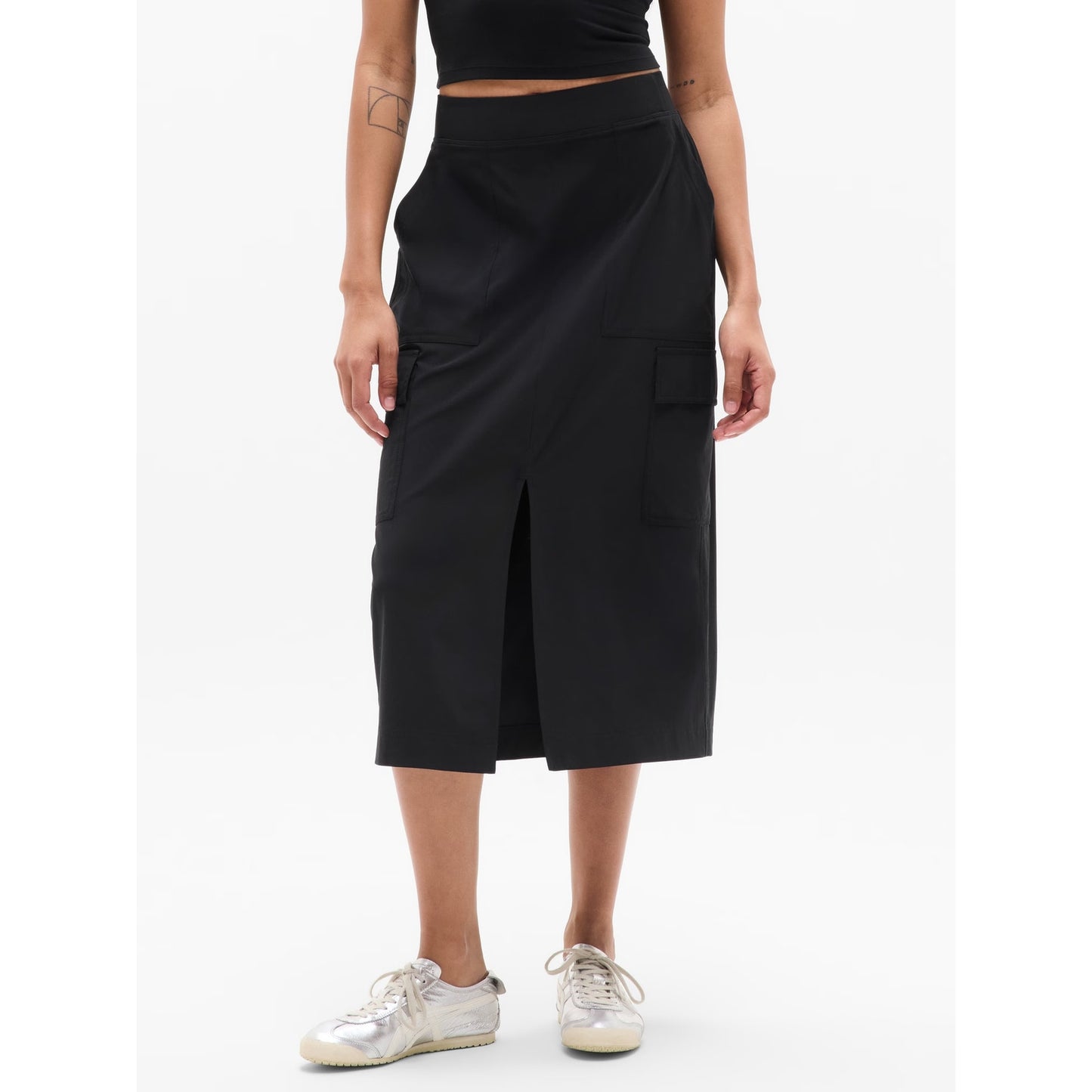Athleta Brooklyn Heights High Waisted Front Slit Midi Cargo Skirt Black 6