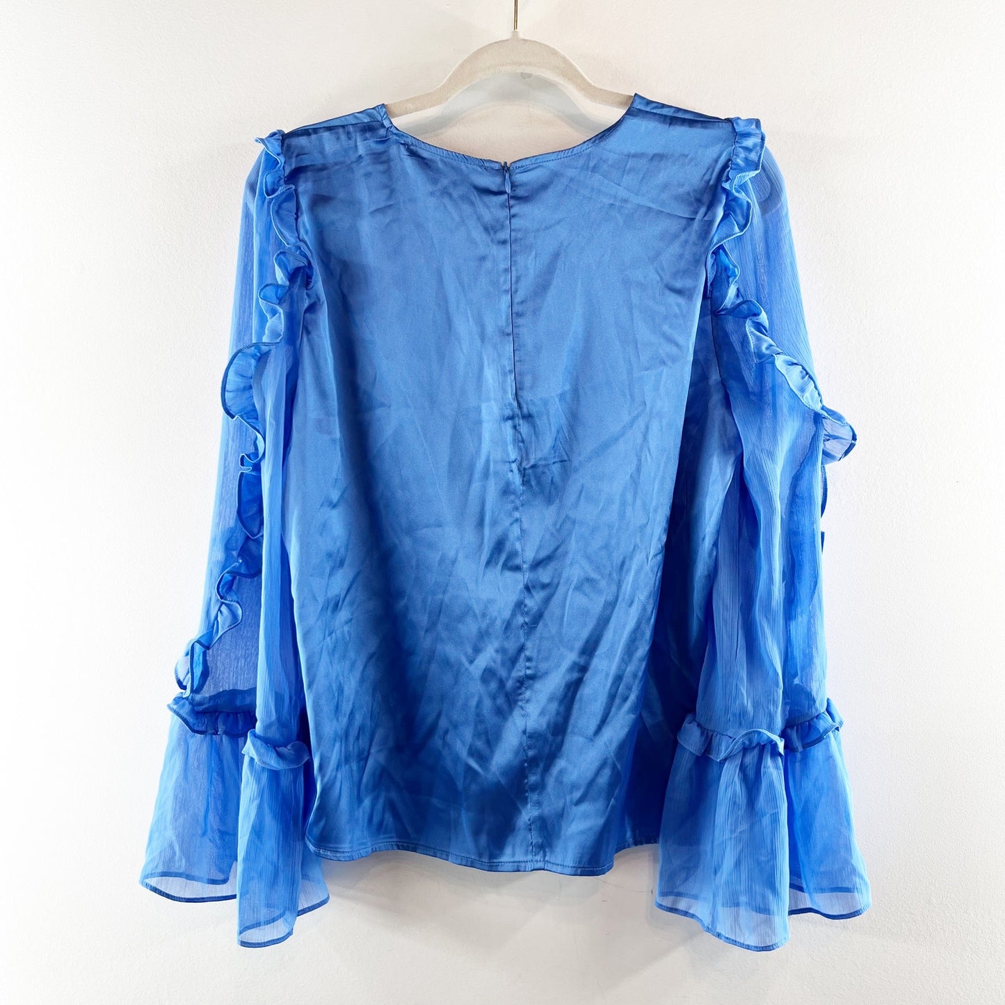 French Connection Long Sheer Ruffle Sleeve Blouse Top Blue Medium