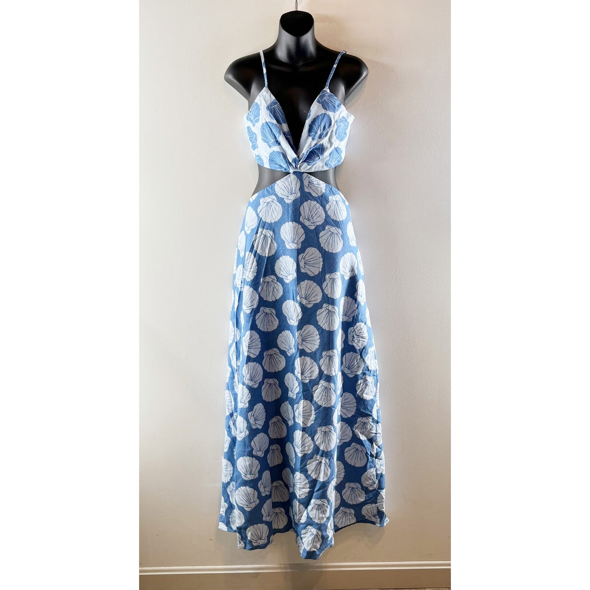 Abercrombie Julia Cutout Tie Back Shell Print Linen Blend Maxi Slip Dress Blue