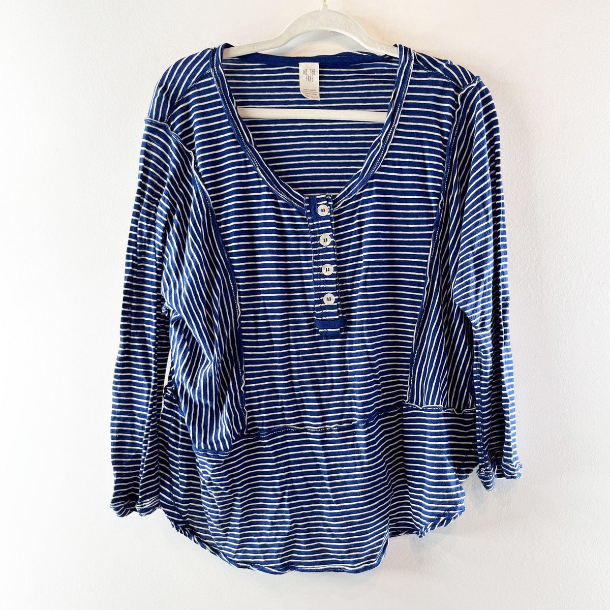 Free People Hong Kong Striped Long Sleeve Henley Tee Shirt Blue XS