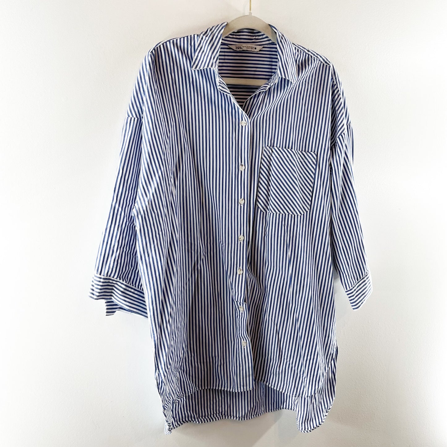 Zara Striped 3/4 Sleeve Oversized Poplin Tunic Button-Up Shirt Blue White XS