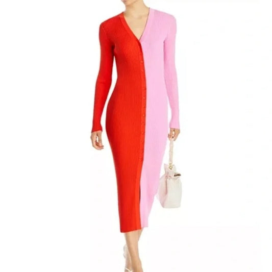 STAUD Long Sleeve Ribbed Shoko Colorblock Midi Sweater Dress Pink Red Medium