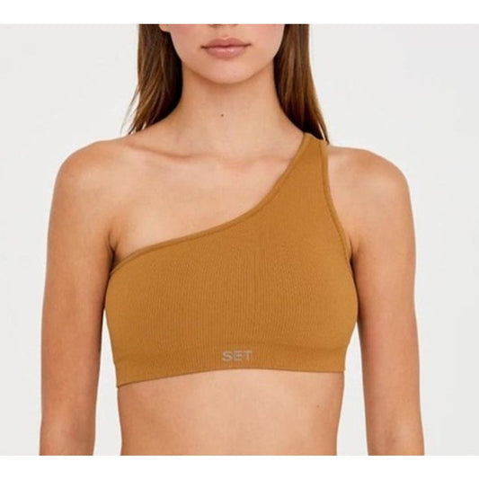 SET Active One Shoulder Sports Bra Tan Brown XS