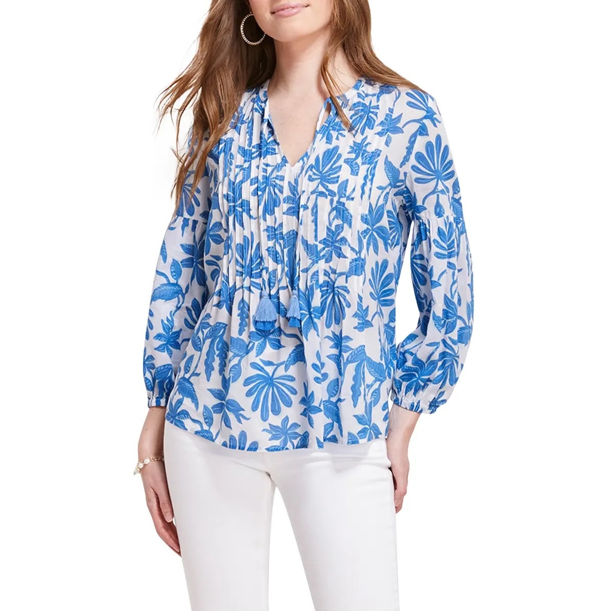 Vineyard Vines Dunmore Pintuck Popover Floral Long Sleeve Blouse Blue Top Large