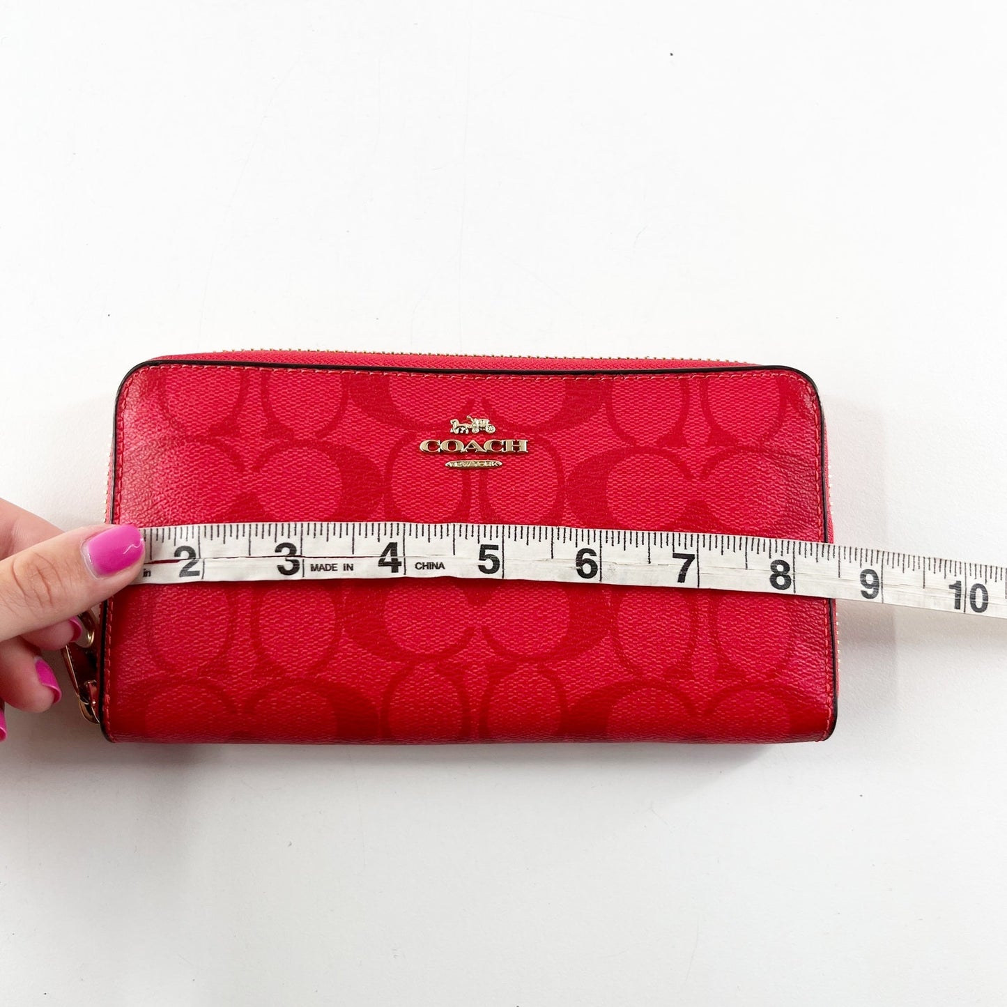Coach Monogram Logo Zip Around Long Wallet Signature Red Leather