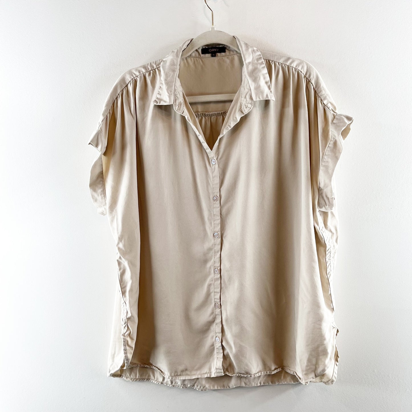 Quince Vintage Wash 100% Tencel Short Sleeve Camp Shirt Shale Tan XL