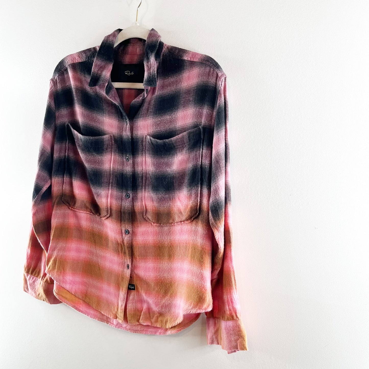 Rails Tierra Plaid Long Sleeve Button-Front Shirt In Pink Orange Dip Dye Small