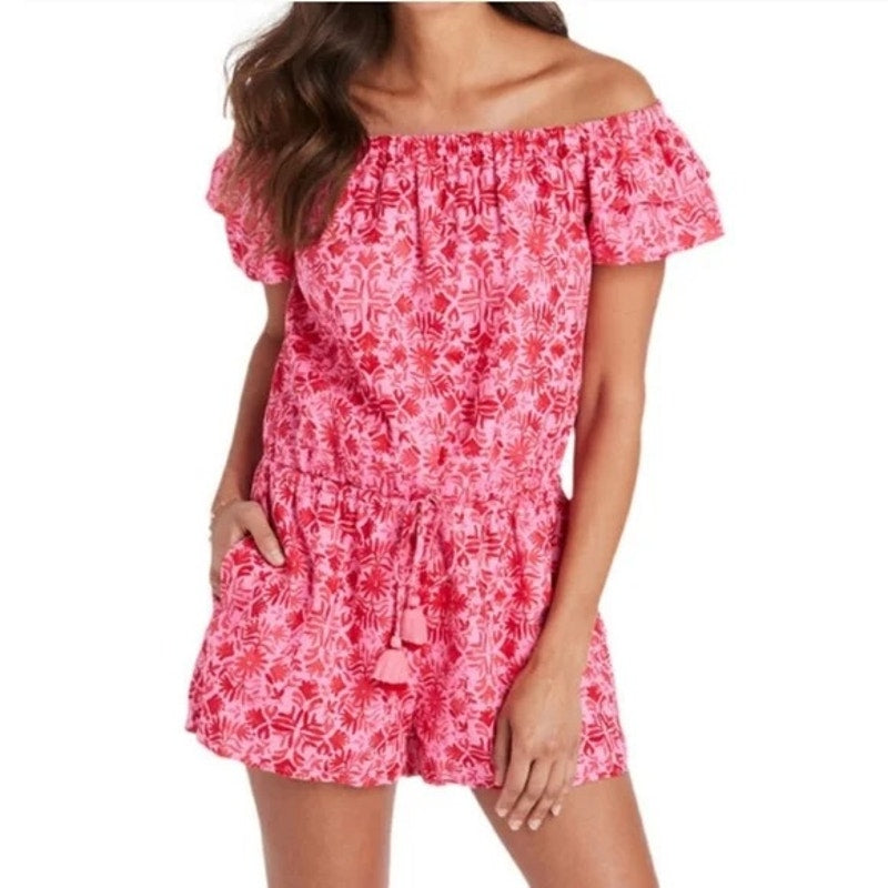 Vinyard Vines Off Shoulder One Piece Linen Romper Pink Small