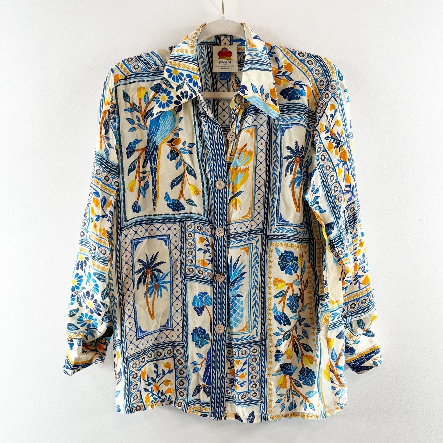 Farm Rio Long Sleeve Tropical Printed Button Down Shirt Blouse Blue Yellow XS