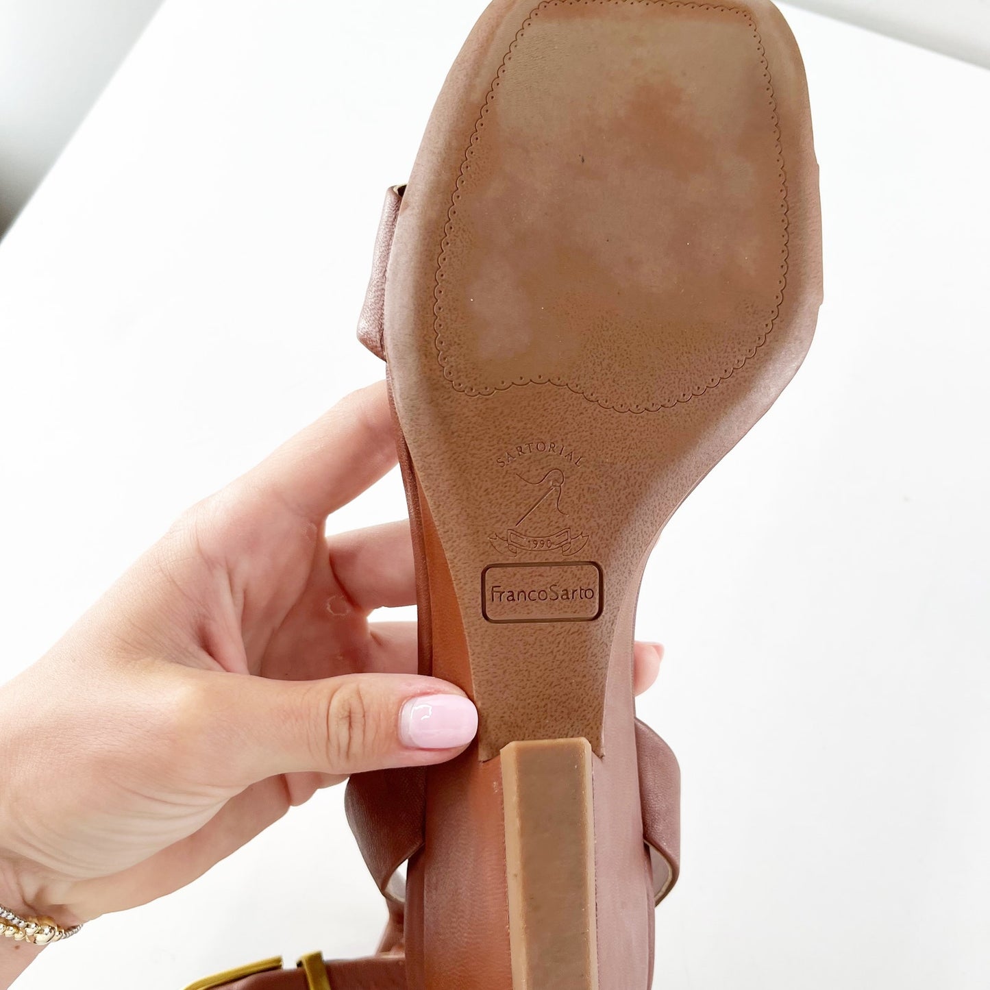 Franco Sarto Savini Ankle Strap Leather Square Toe Wedge Sandals Brown 9