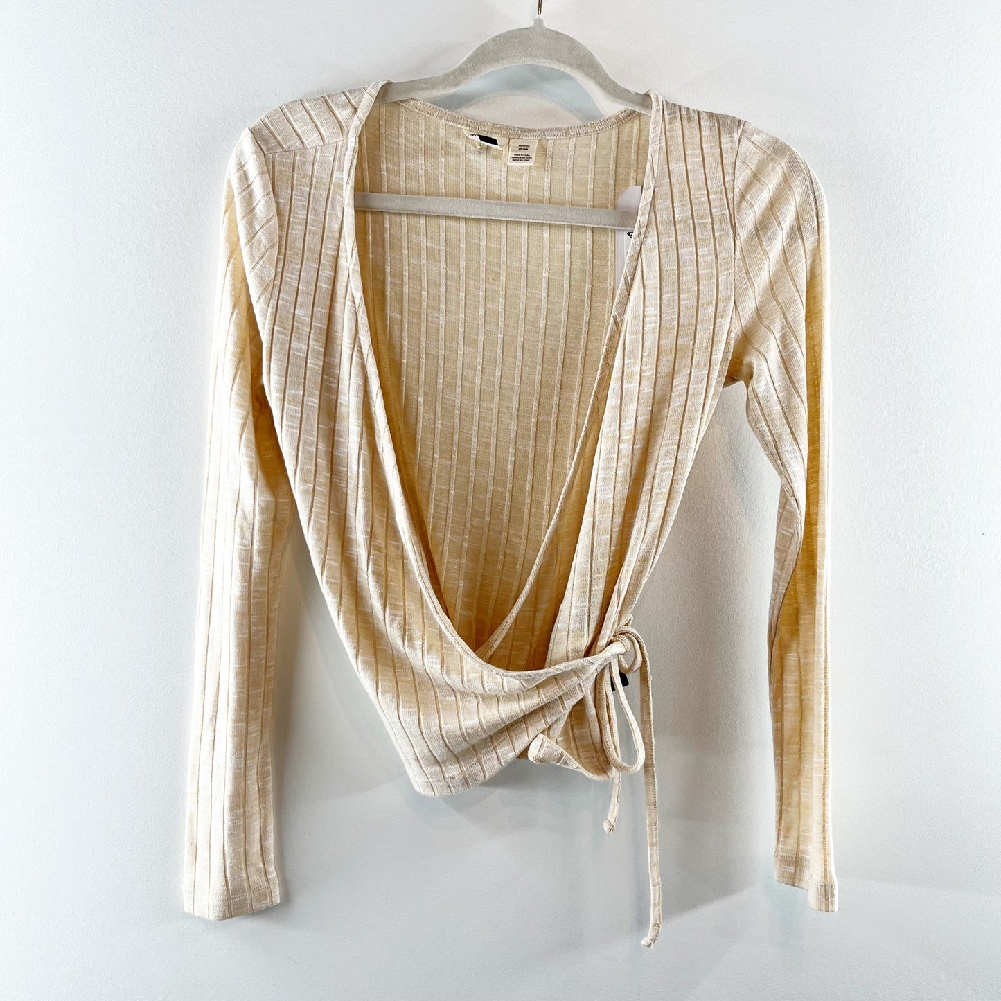 Roxy V Neck Cloudy Days Ribbed Wrap Crop Long Sleeve Top Beige XS