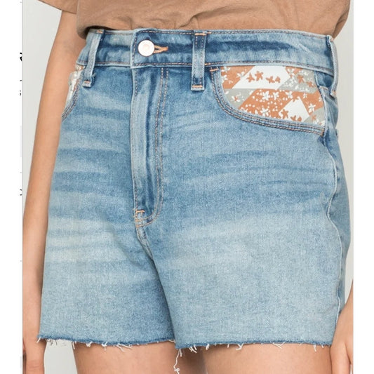 Hollister Vintage Stretch Patchwork Ultra High Rise Denim Mom Shorts 3" Blue 27