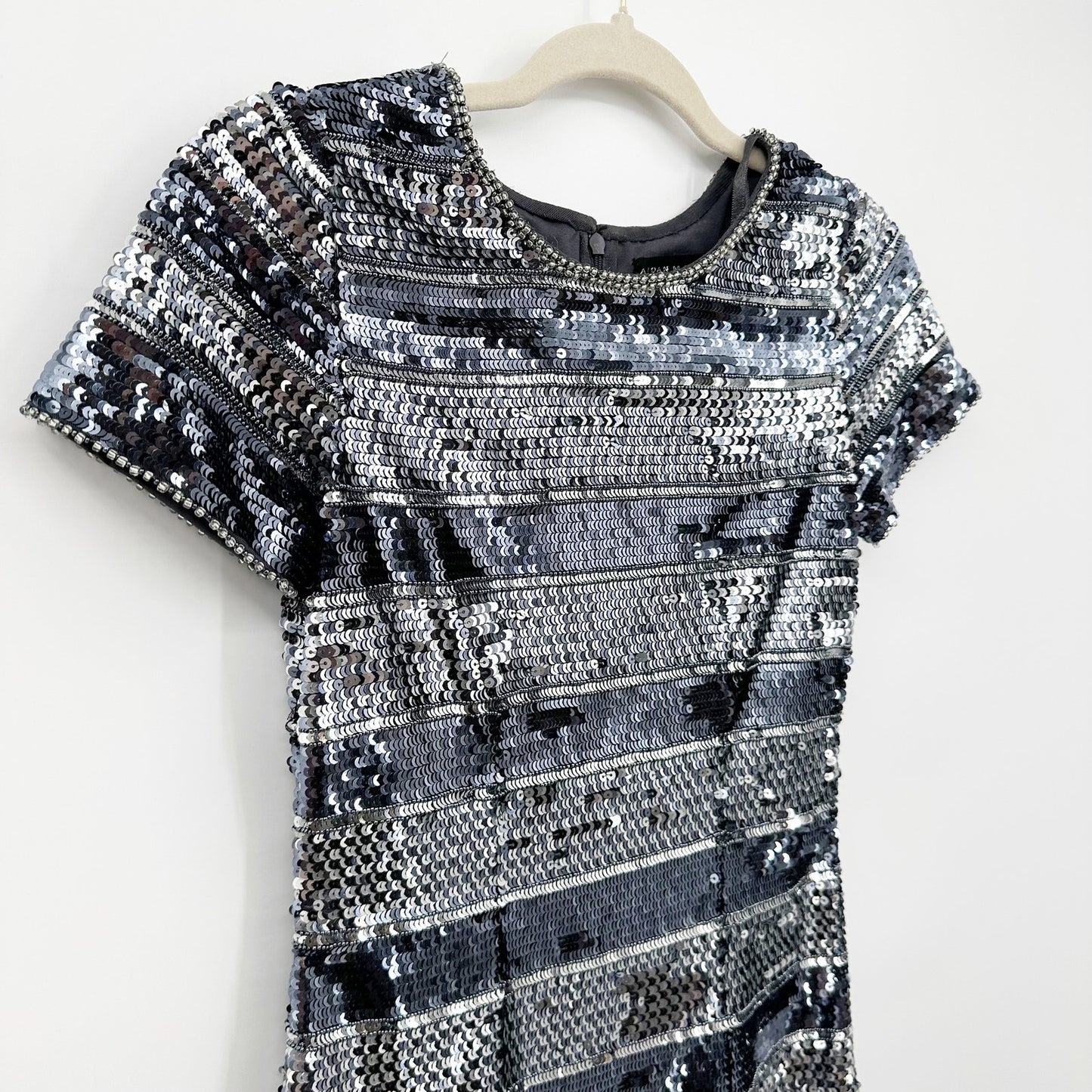 Aidan Mattox Striped Sequin Glitter Mini Cocktail Dress Blue Silver 2