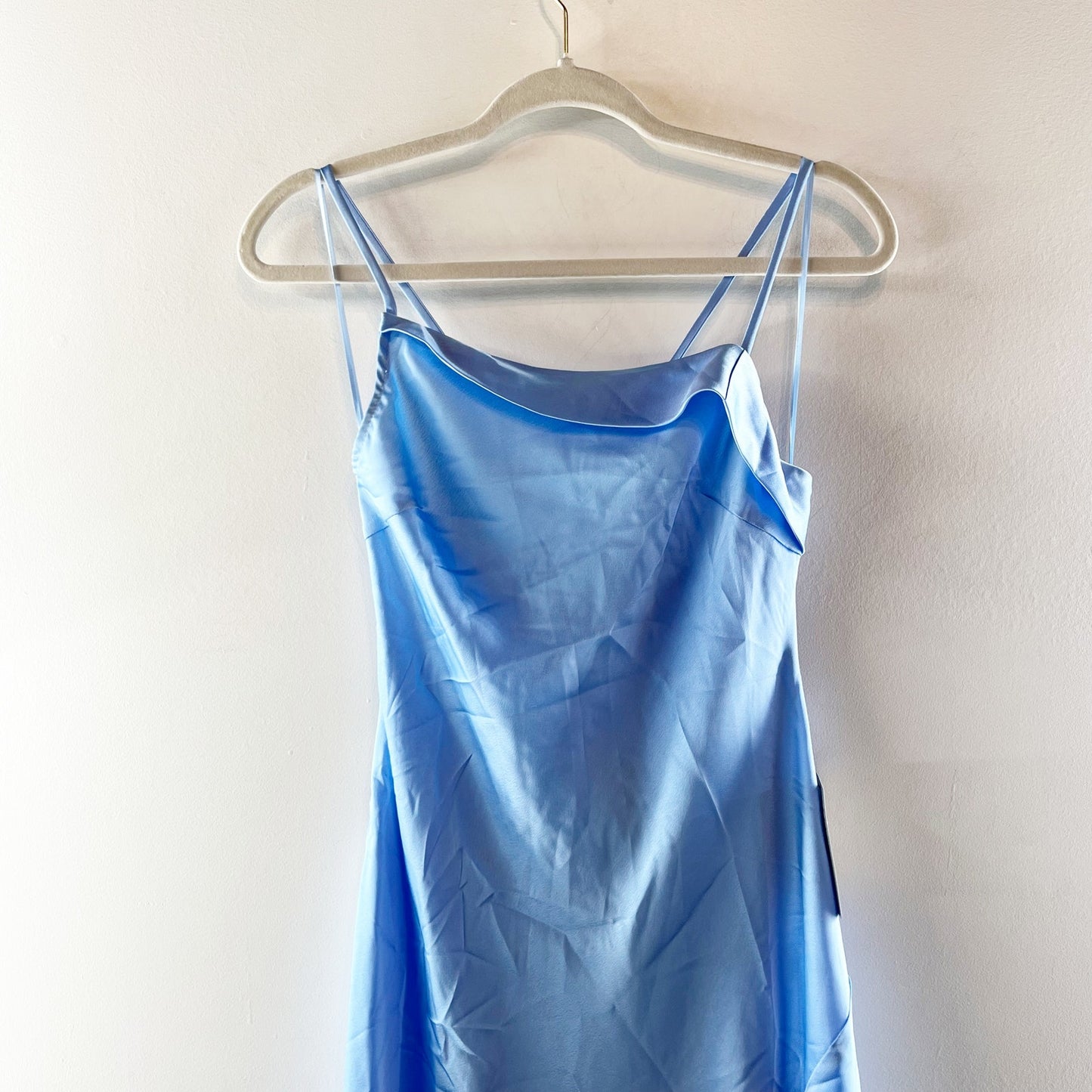 ASTR Midi Satin Gaia Slip Dress in Sky Blue Small